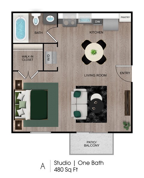 Floor plan for studio, 1 bath, 480 sqft